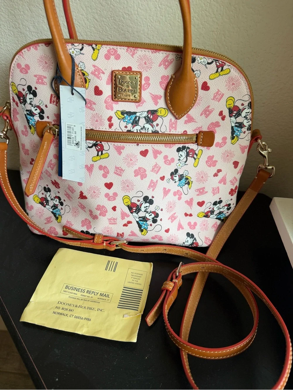 Dooney & Bourke Disney Mickey Mouse Print Satchel Purse Brown Trim Love Heart